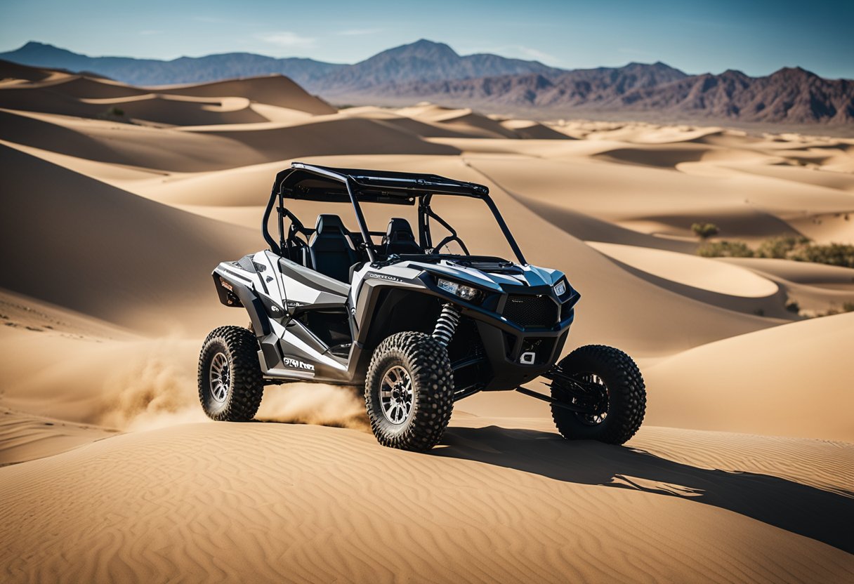 A UTV parked in a desert landscape with sand dunes in the background, equipped with off-road tires, suspension, and a roll cage