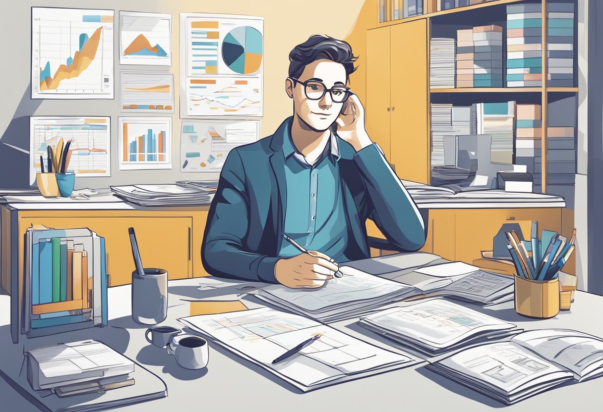 A person sitting at a desk, surrounded by research materials and charts. They are deep in thought, analyzing market data and choosing a niche