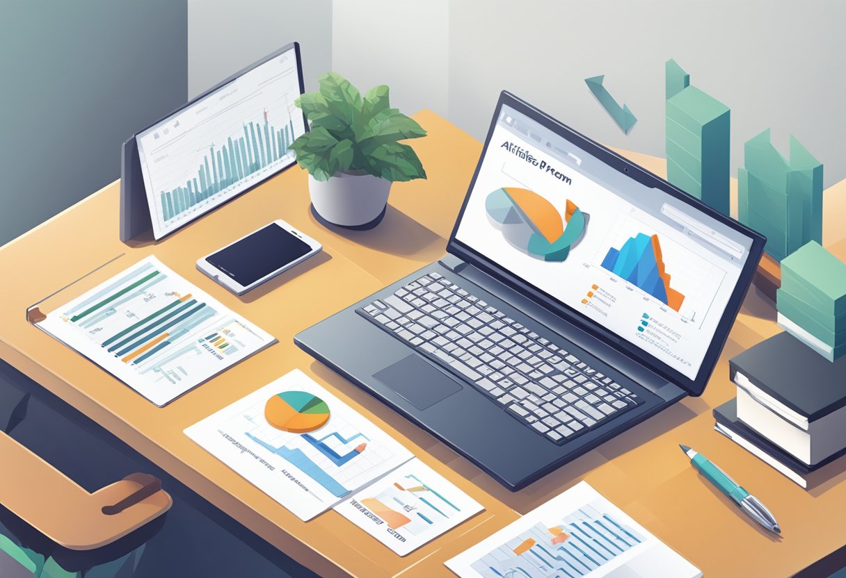 A desk with a laptop, pen, and paper. A sign reading "Affiliate Program" is displayed. Charts and graphs show success