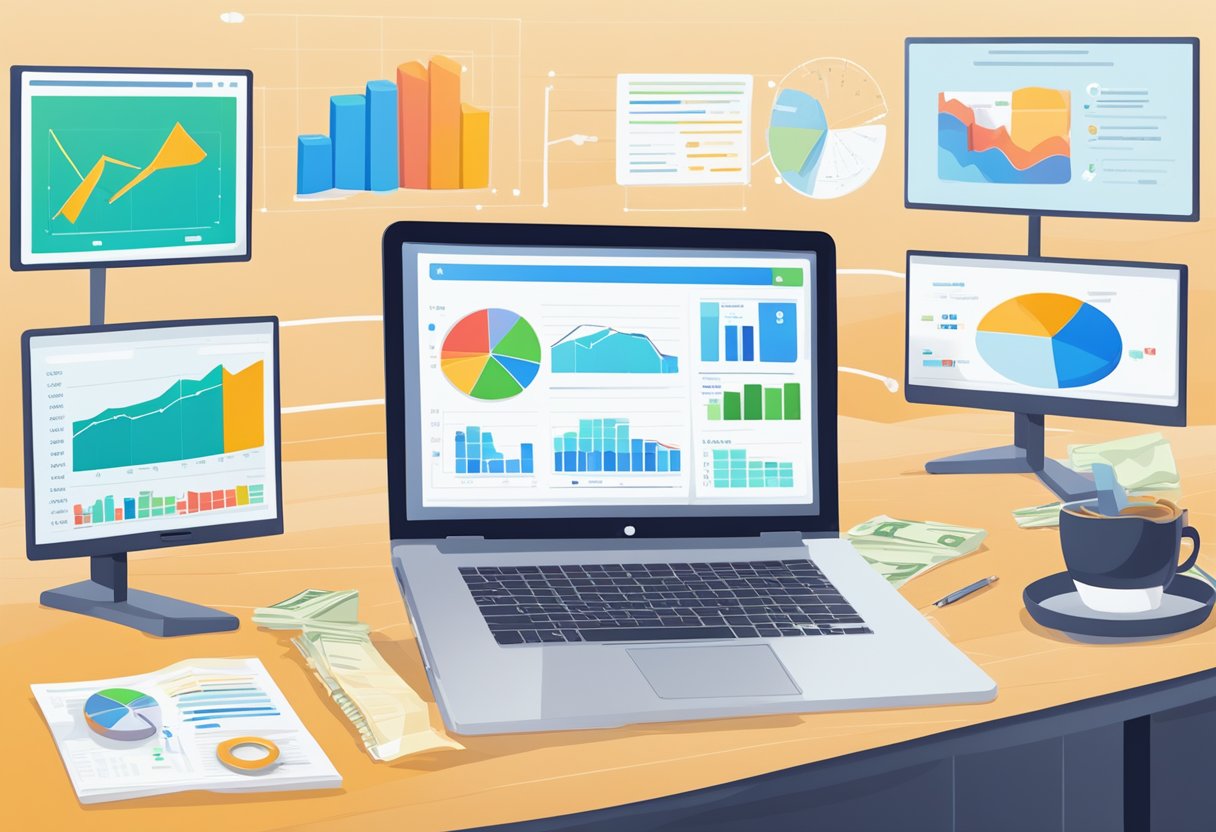 An open laptop with various affiliate program options on the screen, surrounded by charts and graphs showing potential earnings