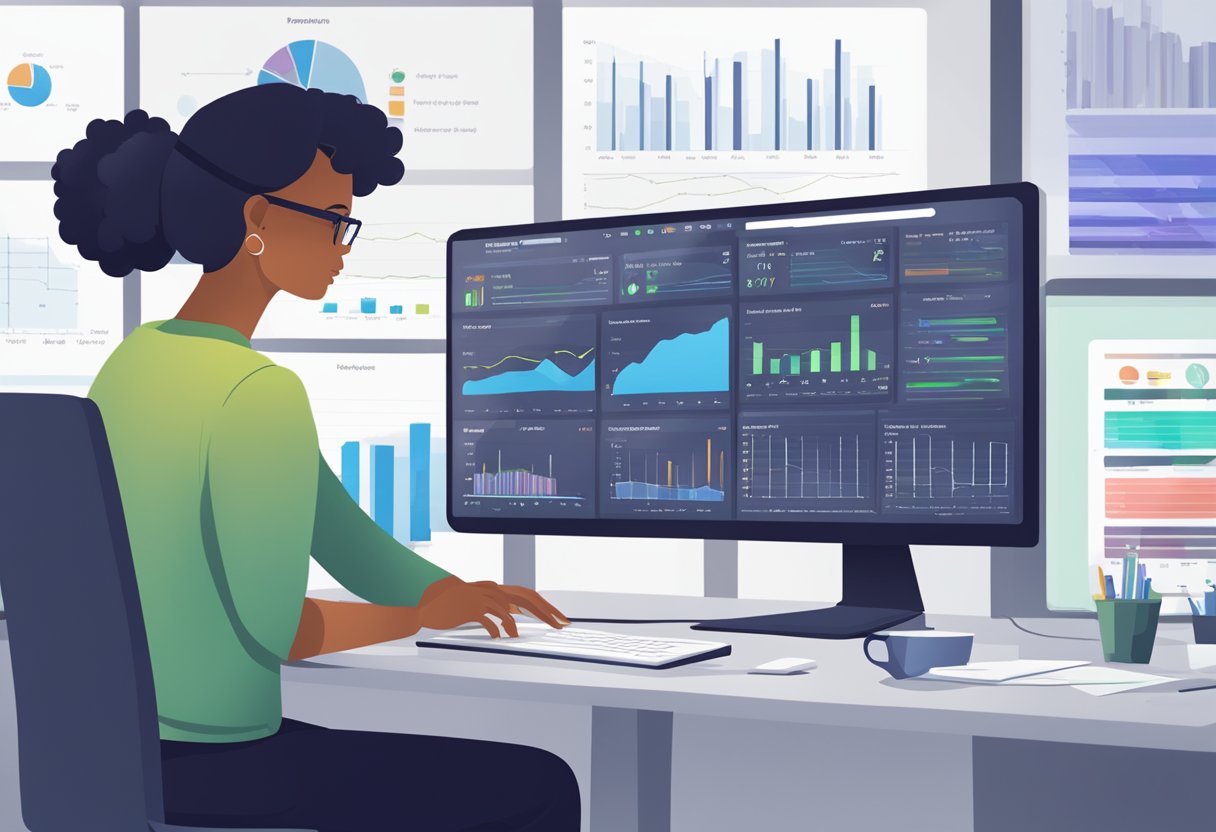 A person sits at a computer, researching and comparing different affiliate programs. Various program options are displayed on the screen, with charts and graphs showing performance metrics