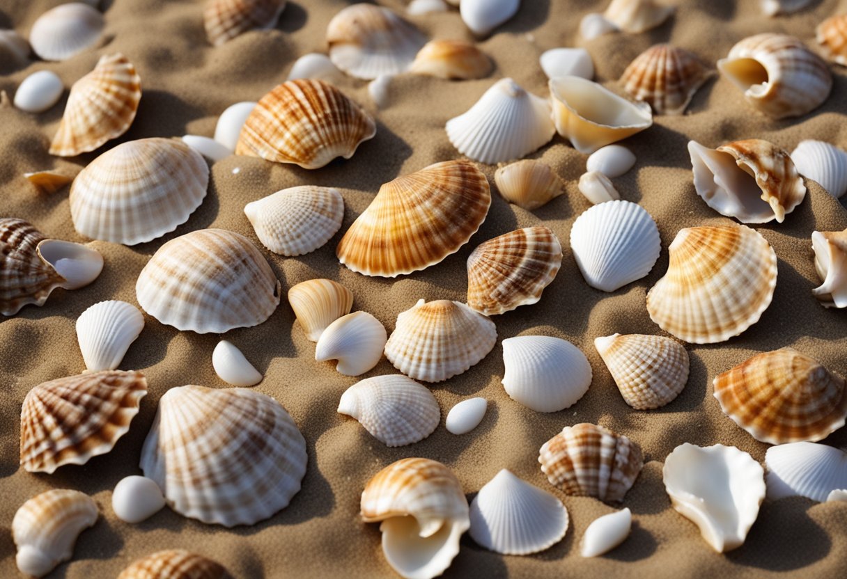 A variety of seashells scattered on sandy beach with waves in the background