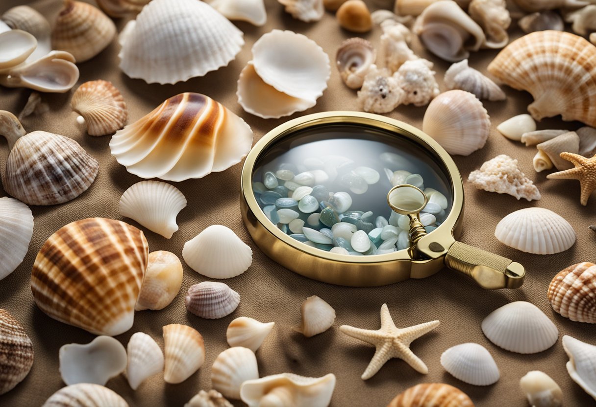 A table covered in various seashells, labeled with their names and classifications. A magnifying glass and a book titled "Classification of Seashells" are also present