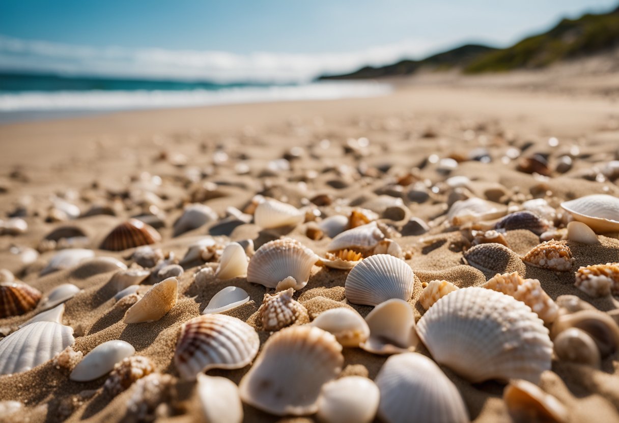 A sandy beach with various seashells scattered across the shore, ranging in size, shape, and color. The ocean waves gently washing up against the coastline in the background