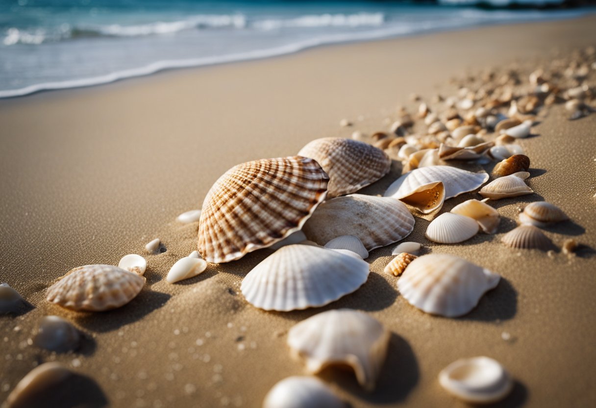 A sandy beach with various seashells scattered across the shore, including conch, scallop, and cowrie shells. The waves gently wash over them, highlighting their unique shapes and patterns