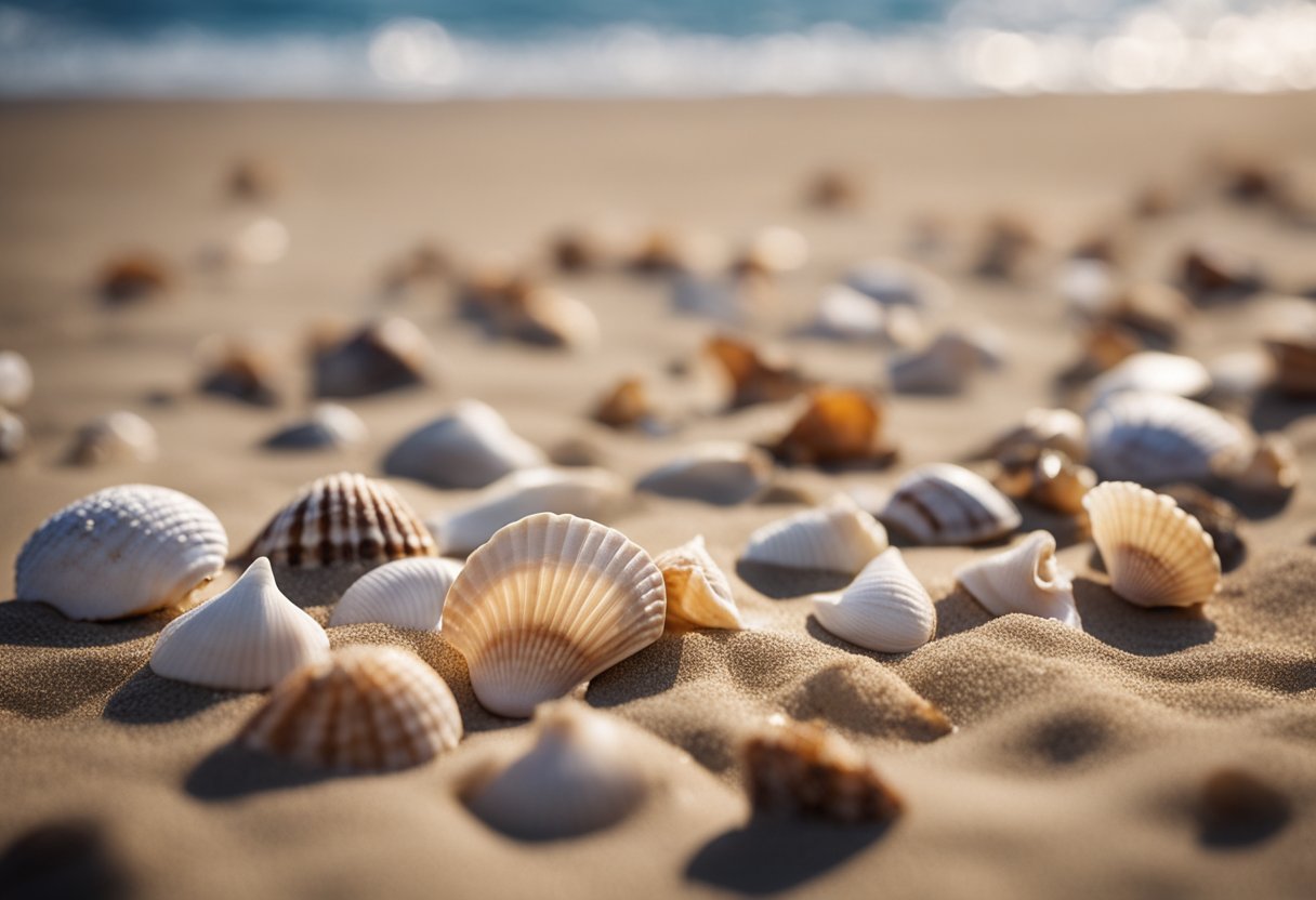 A variety of seashells scattered on a sandy beach, with waves gently lapping in the background