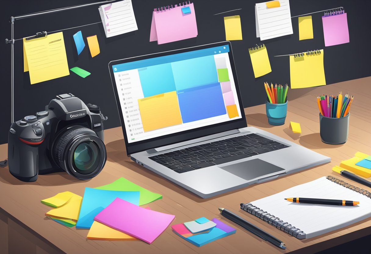 A desk with a laptop, notepad, and pen. Post-it notes with video ideas. Calendar with filming schedule. Camera and lighting equipment in the background