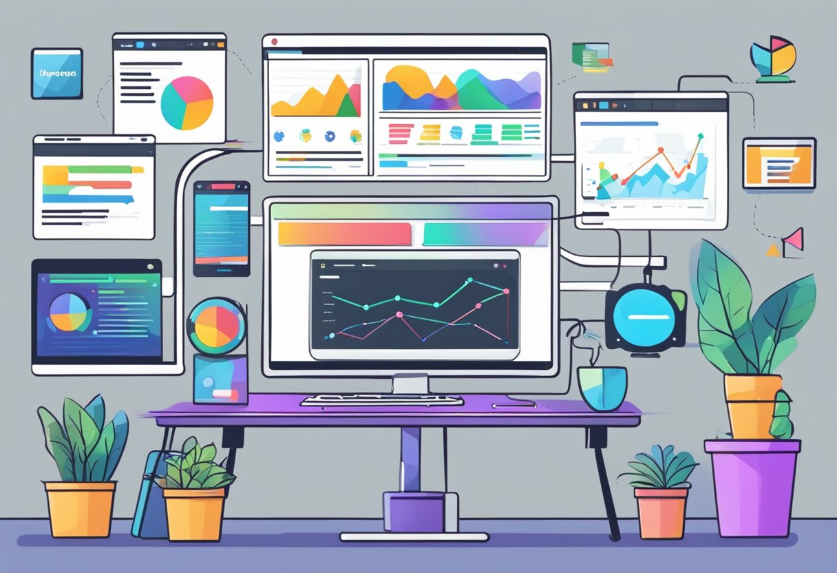 A computer with multiple screens showing analytics, video editing software, and a logo design tool. A person writing a channel description and brainstorming video ideas