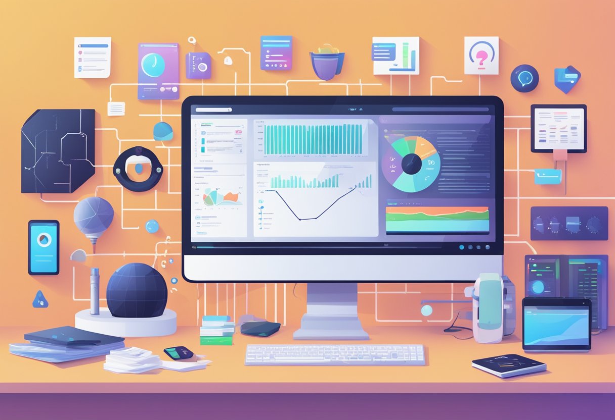 A computer with AI algorithms, surrounded by branding materials and monetization charts, symbolizing youtuber brand development