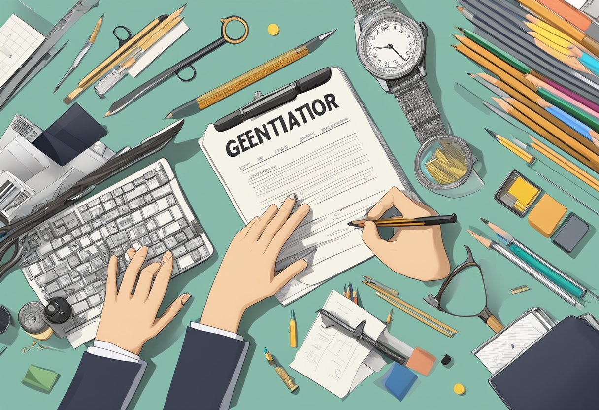 A hand reaches for a vintage-style title generator on a cluttered desk, surrounded by pencils, paper, and other creative tools