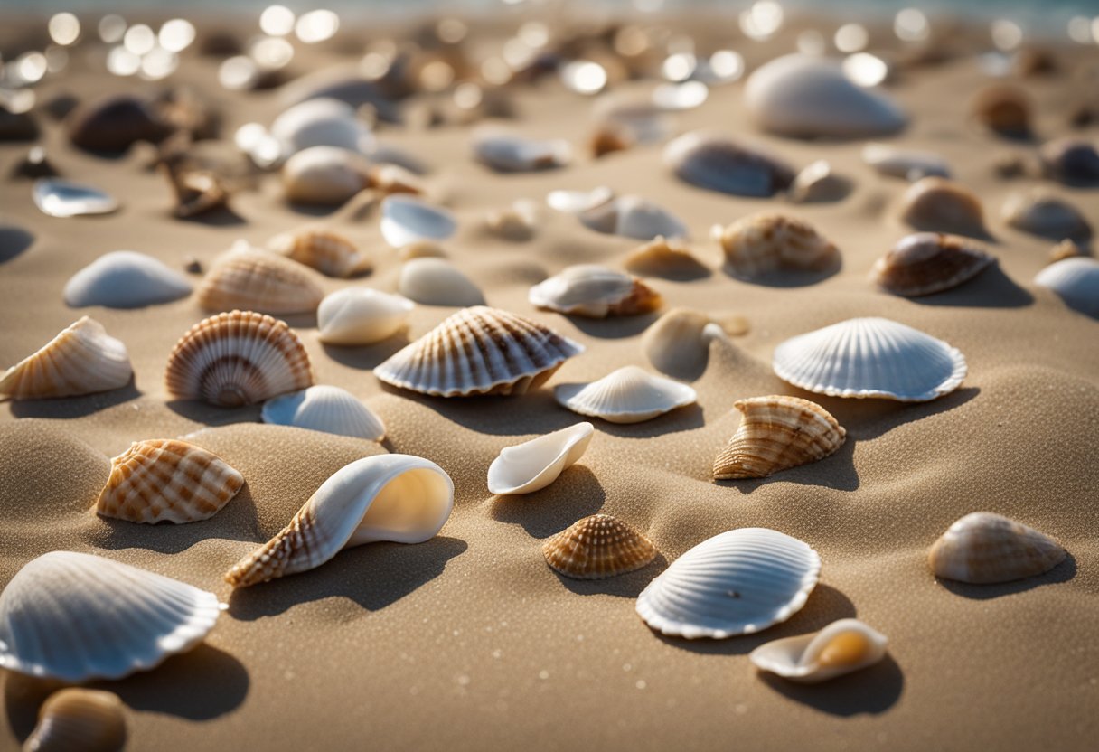 A variety of seashells scattered across a sandy beach, each displaying unique shapes, sizes, and patterns. Waves gently wash over the shore in the background