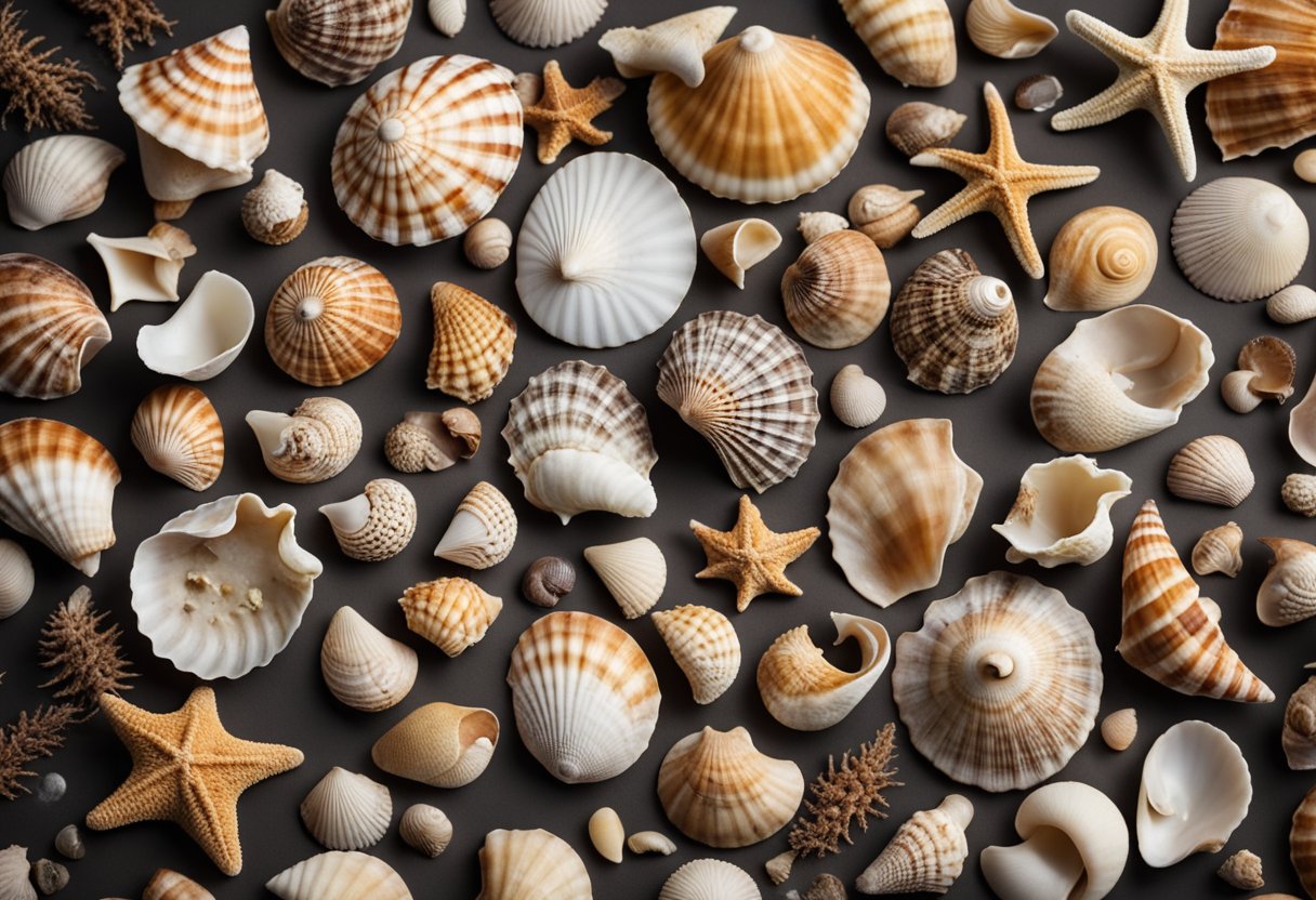 A variety of seashells scattered on the ocean floor, showcasing their different shapes, sizes, and textures. Some shells are smooth and spiral, while others are rough and irregular