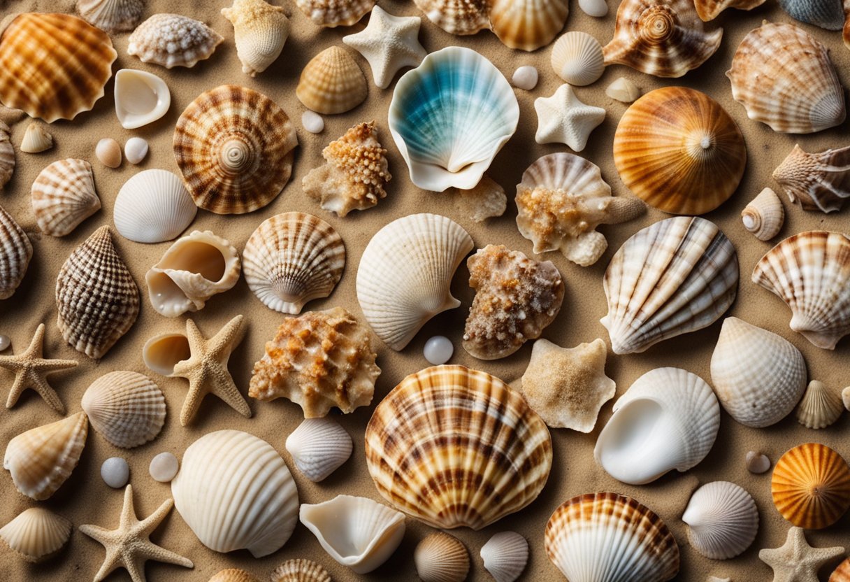 Vibrant seashells of various shapes and sizes scattered across a sandy beach, showcasing a rich array of patterns and colors