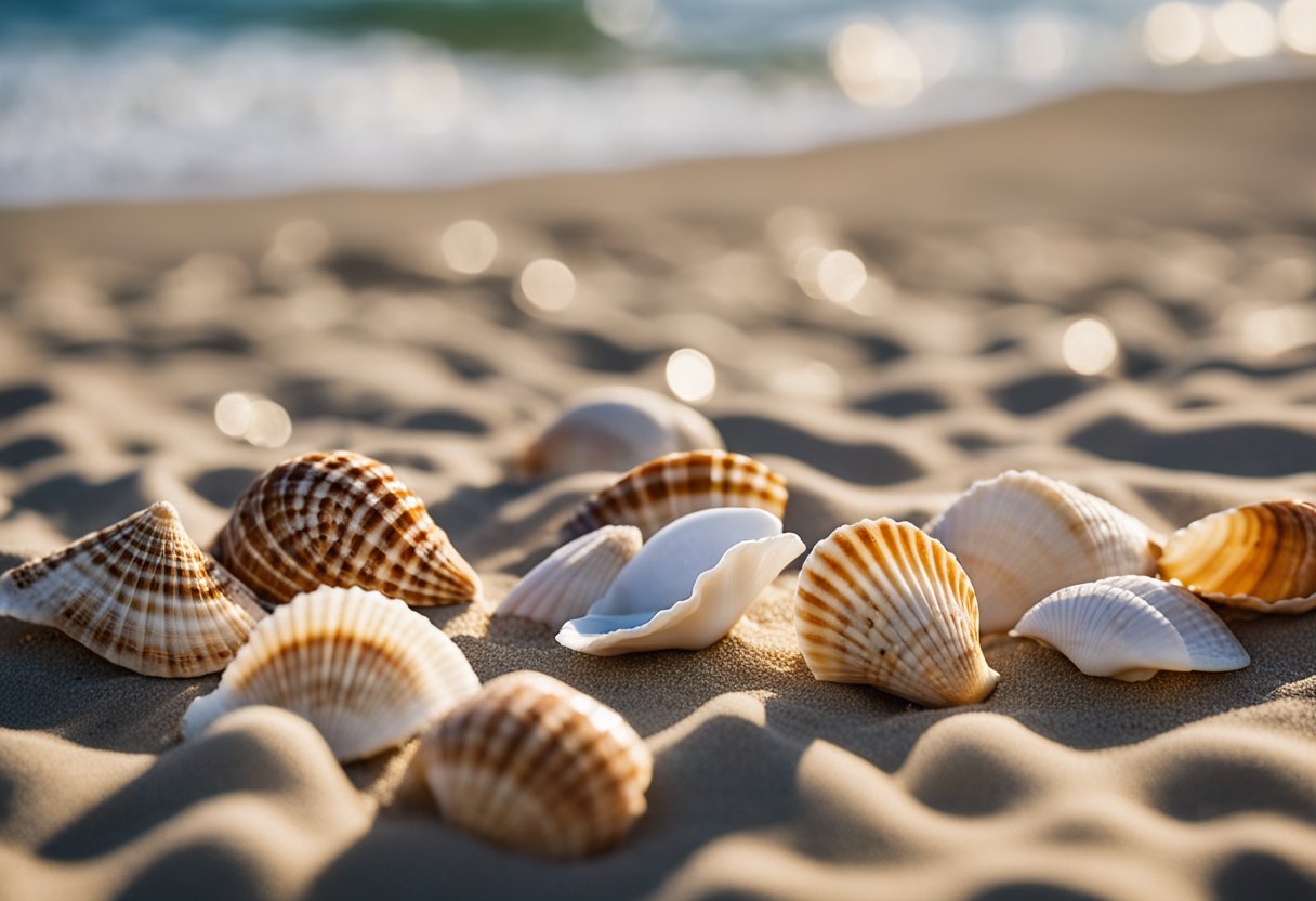 A collection of diverse seashells arranged on a sandy beach, showcasing their unique shapes, colors, and textures. Waves gently wash over the shore, emphasizing the cultural significance of these natural treasures