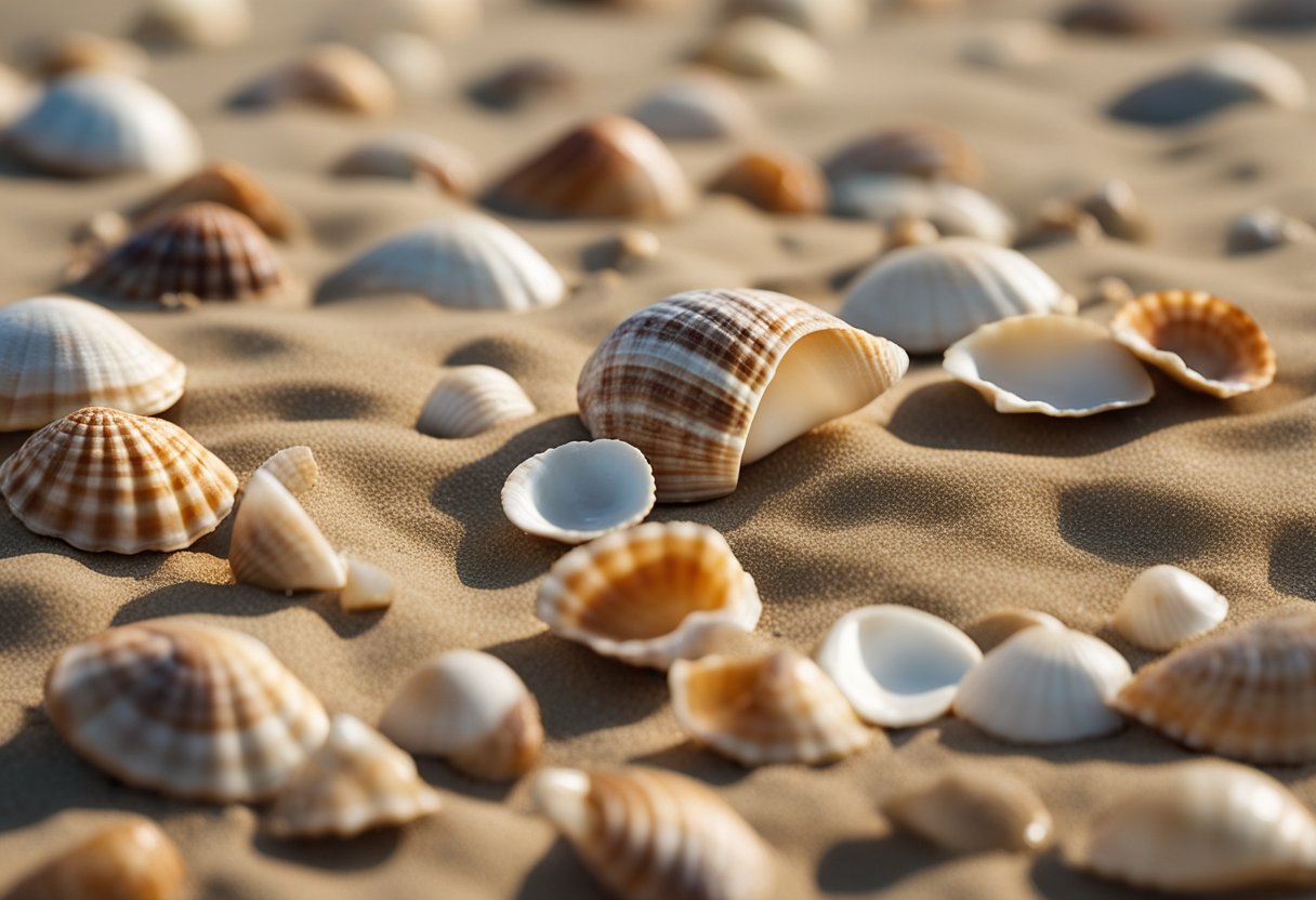 A collection of seashells of various shapes, sizes, and colors arranged on a sandy beach with waves gently crashing in the background