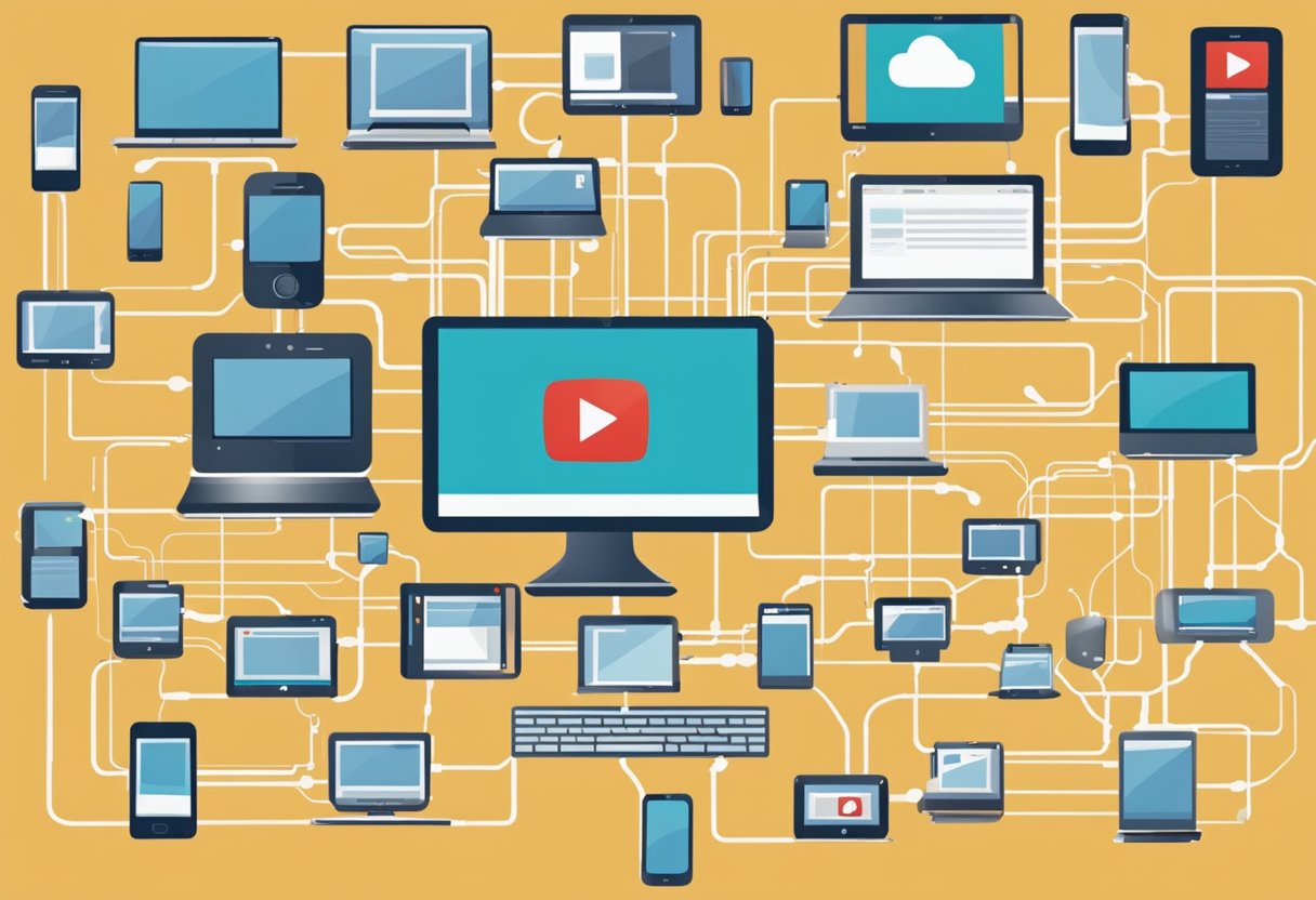 Various electronic devices, such as smartphones, tablets, and computers, are seamlessly connecting to YouTube, symbolized by a network of interconnected devices