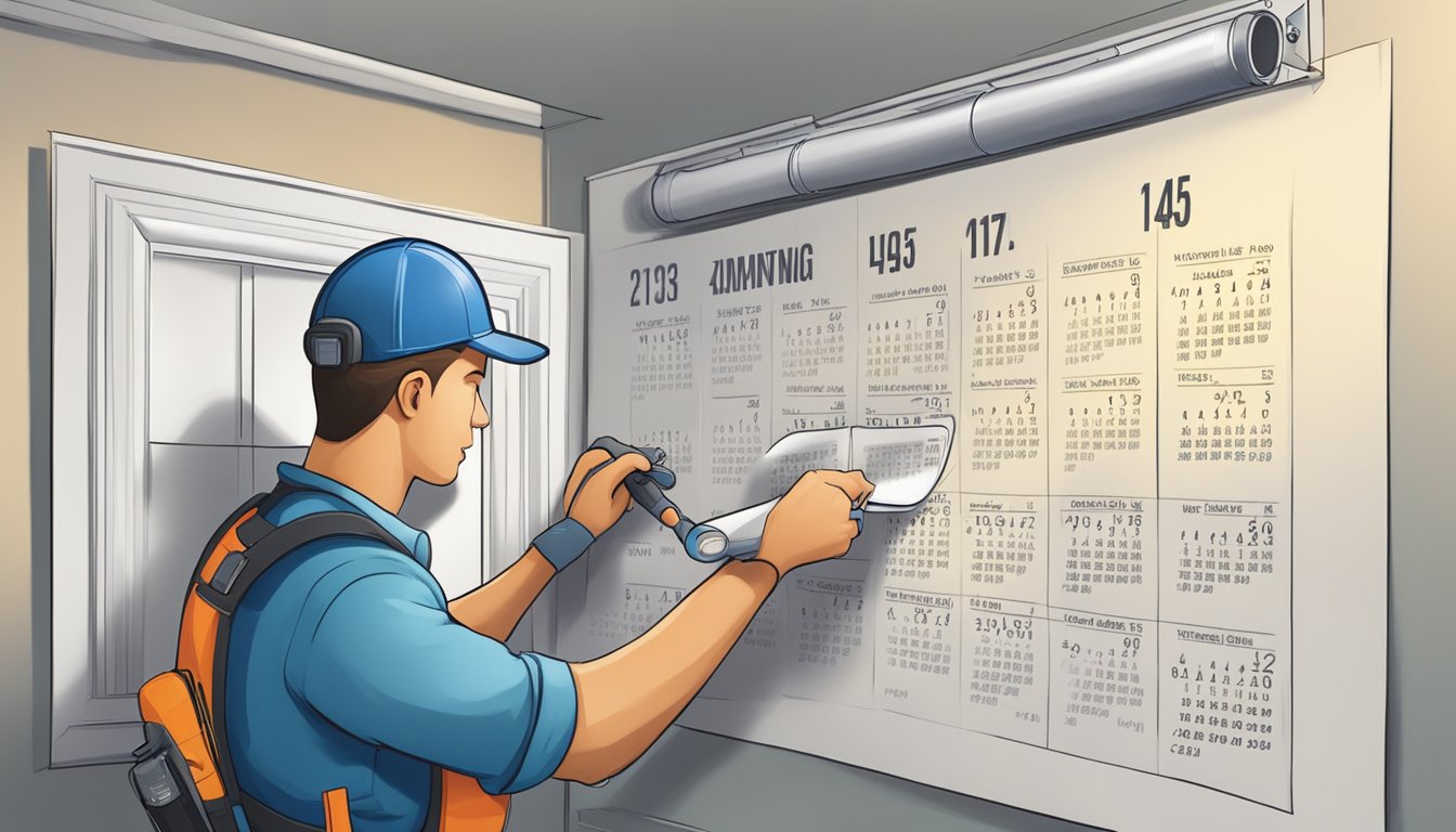 HVAC technician checking vents and ducts for mold growth using flashlight and inspection tools. Calendar with dates marked for routine inspections on the wall