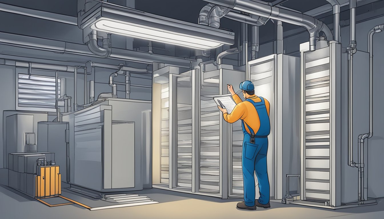 A technician inspects HVAC units for mold growth using a checklist and flashlight. They document findings in a logbook