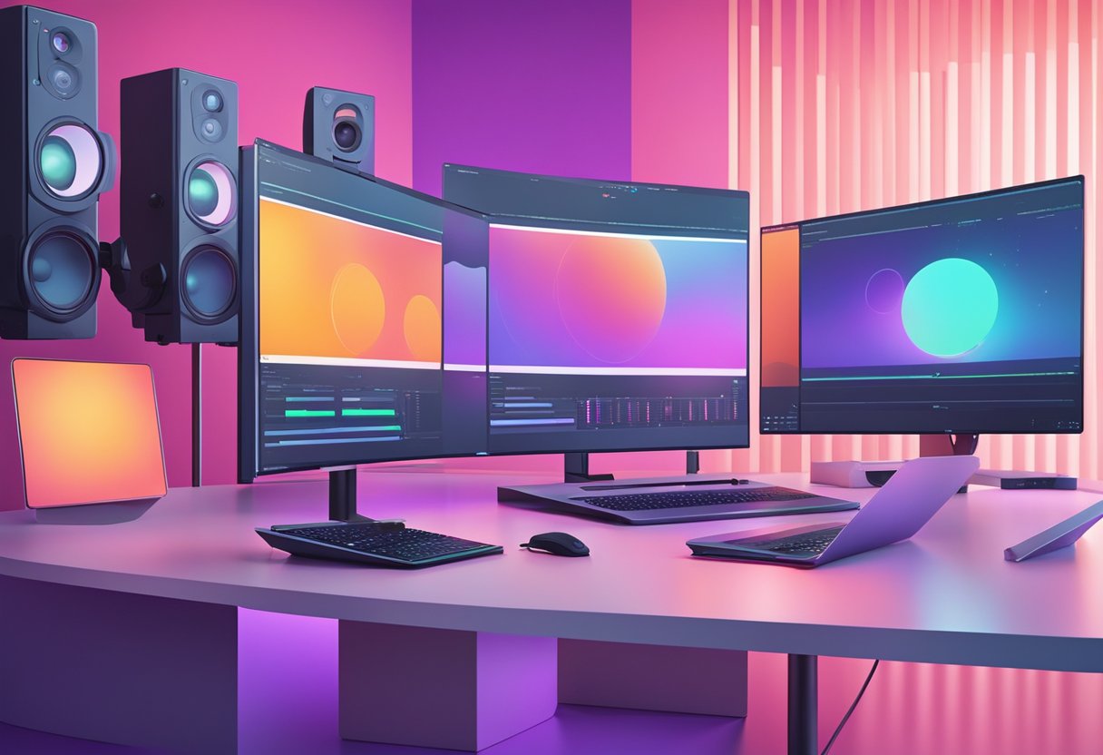 A sleek AI video production studio with advanced technology and customizable features