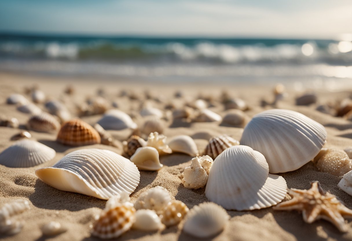 Various seashells scattered on sandy Florida coast, including conch, sand dollar, and cockle shells. Waves gently wash over the shore