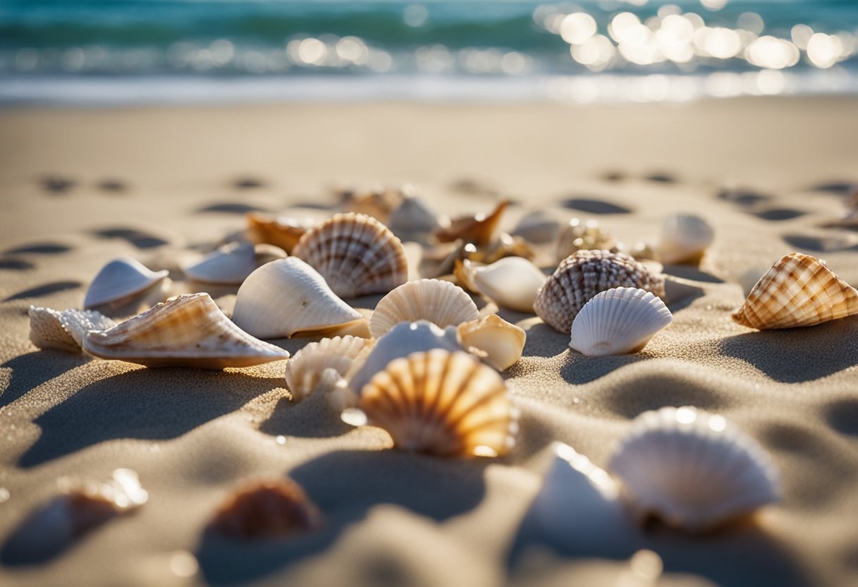 Various seashells scattered on sandy Florida coast, including conch, whelk, and scallop shells. Waves gently wash over the shore