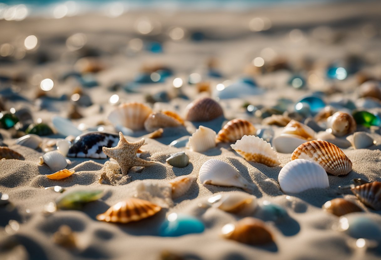 Shells of various shapes and sizes scattered along the sandy Florida coast, surrounded by gentle waves and colorful marine life