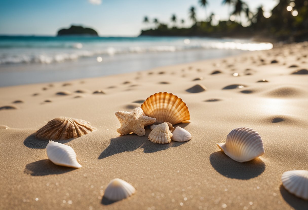 Scene: Sandy beach with various seashells scattered along the shore. Palm trees and ocean waves in the background