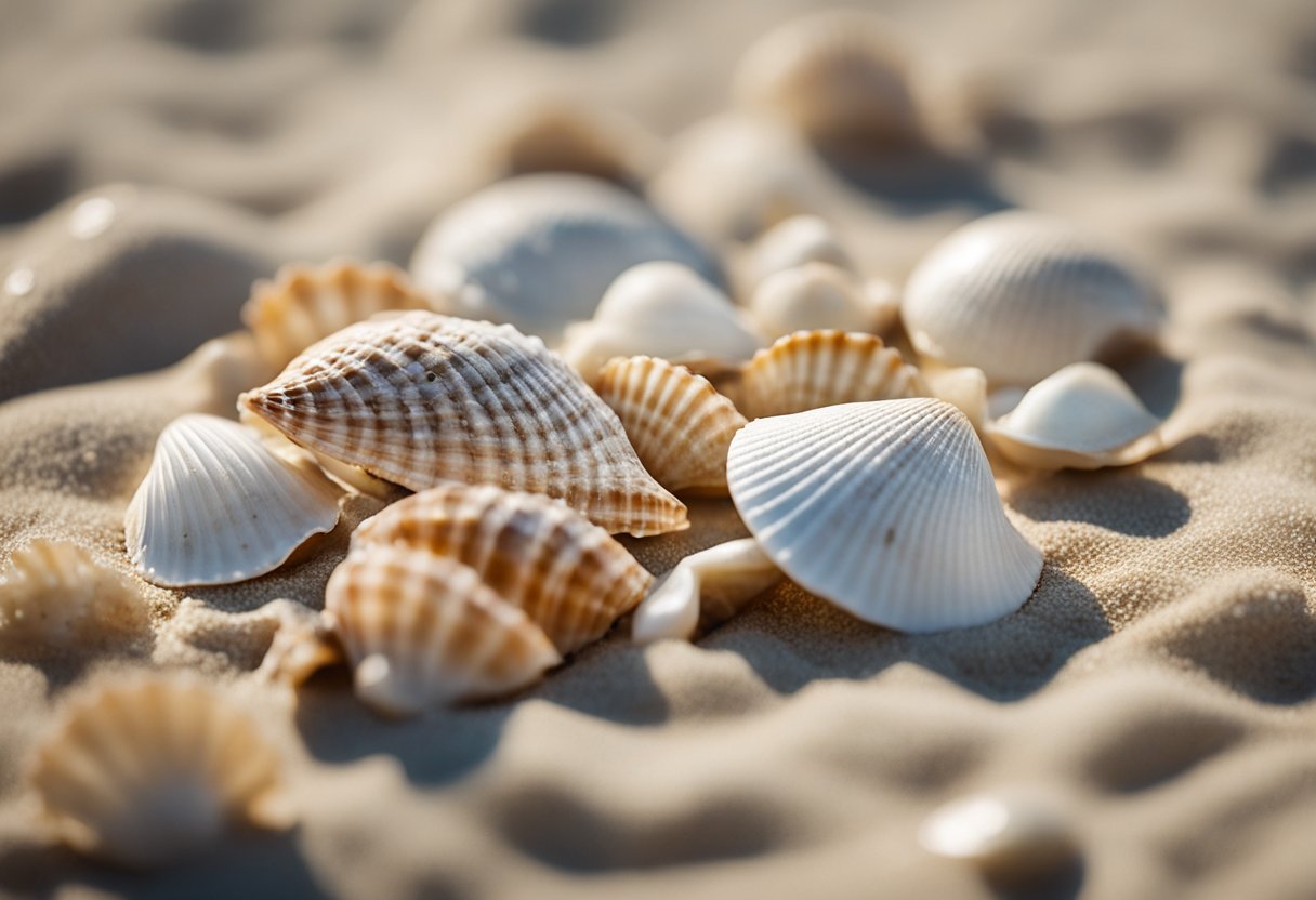 A sandy beach with various seashells scattered along the shoreline, including conch shells, scallop shells, and sand dollars. The waves gently wash up against the coast, creating a serene and peaceful scene