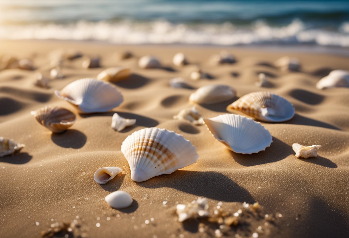 A collection of top 10 seashells displayed on a sandy beach, with waves gently rolling in the background and seagulls flying overhead