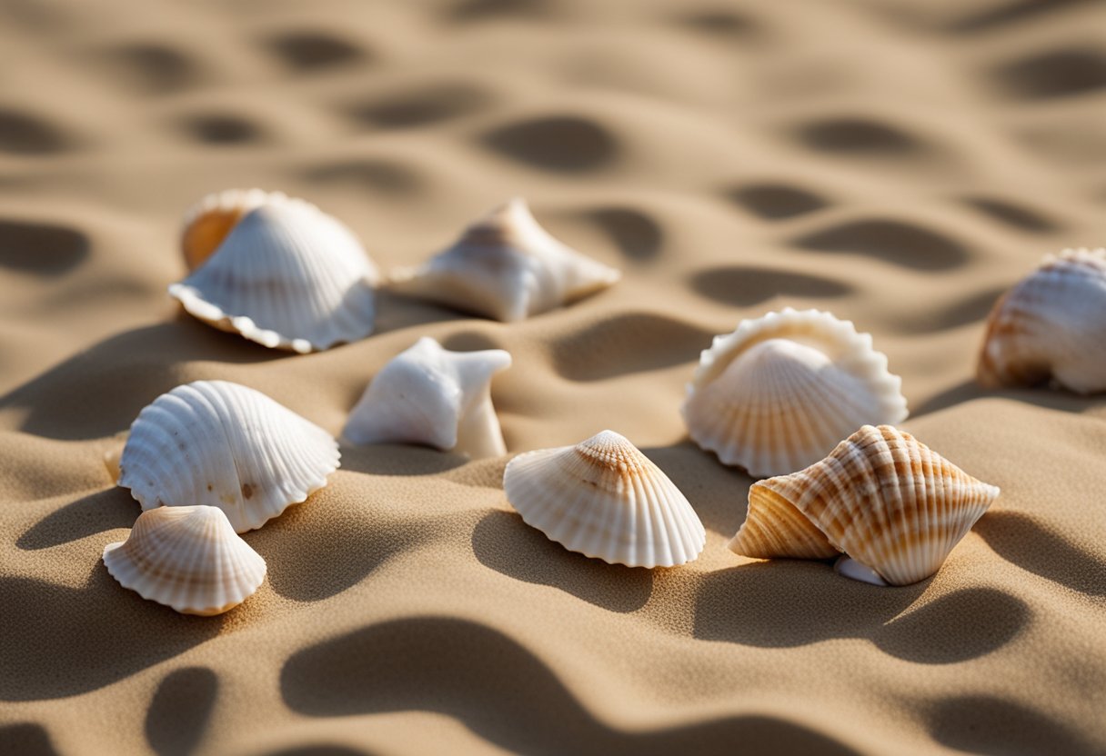 A collection of top 10 seashells arranged on a sandy beach with waves gently crashing in the background