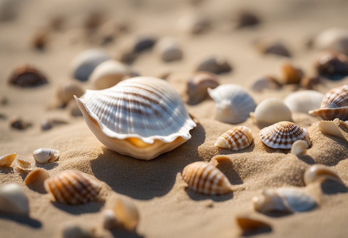 A collection of top 10 seashells, including the Scaphella Junonia, displayed on a sandy beach with gentle waves in the background