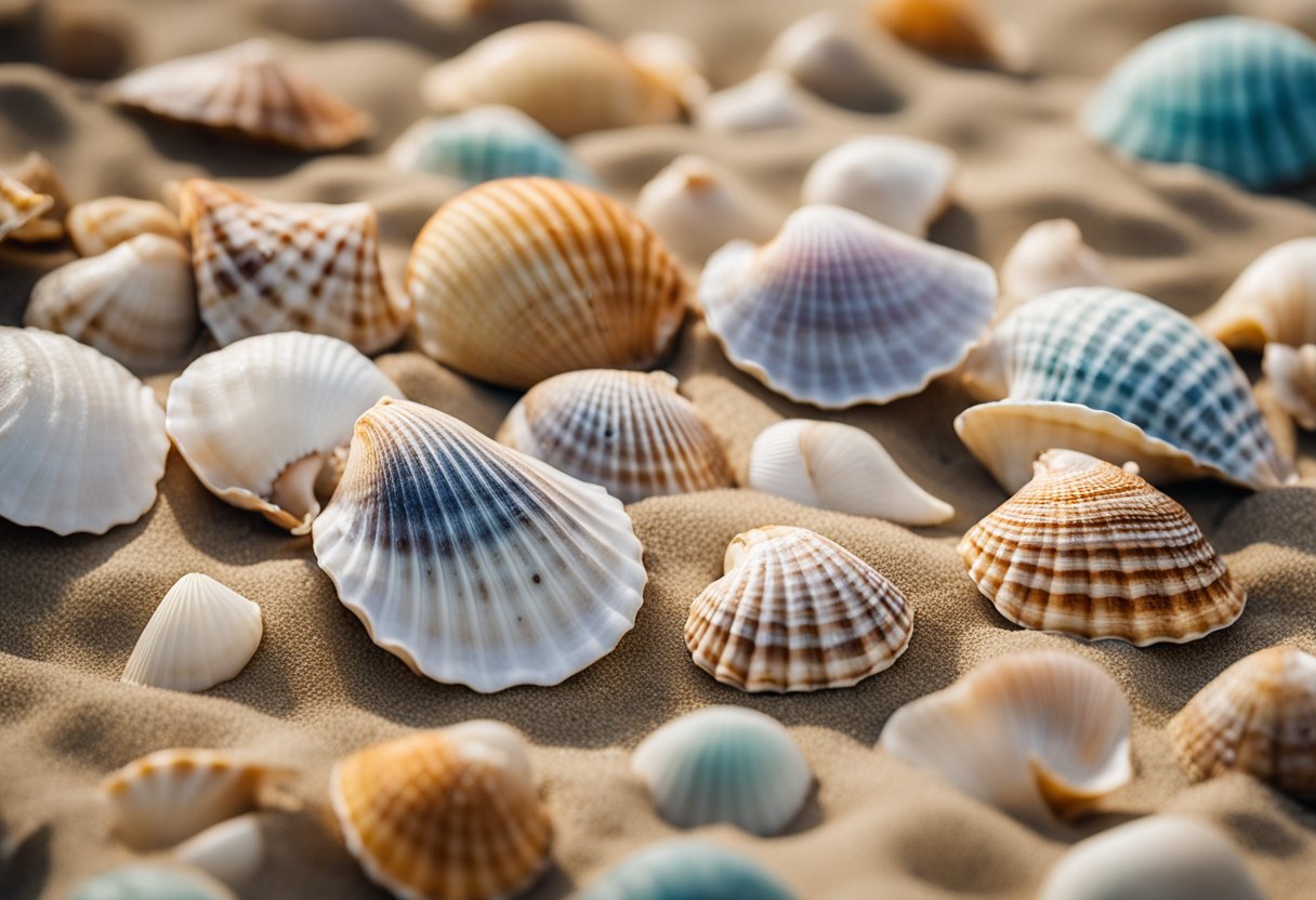 A collection of top 10 seashells arranged on a sandy beach with waves gently lapping in the background. Each shell is intricately patterned and beautifully colored, showcasing the unique beauty of Scaphella Broderipii