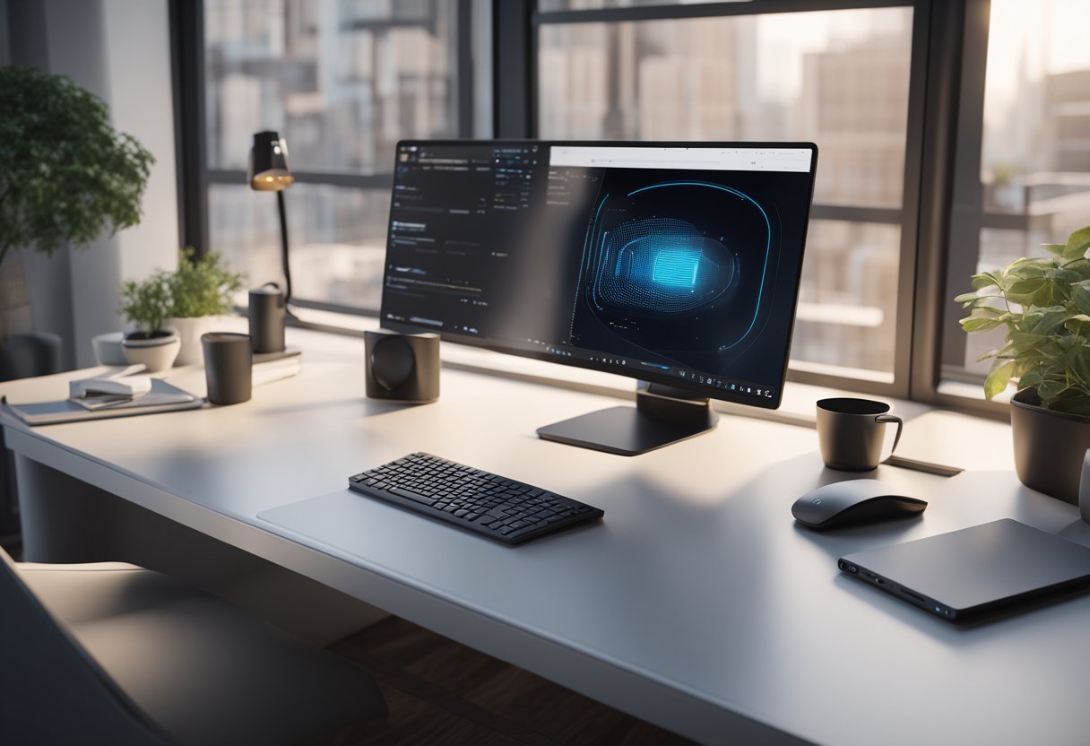 A modern office desk with a computer, phone, and AI voice assistant. A virtual phone number displayed on the computer screen