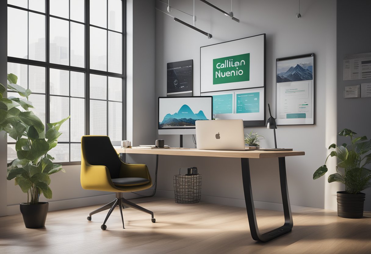 A modern office desk with a laptop displaying the Callin.io website, a sleek smartphone, and a notepad with the words "Affordable Virtual Phone Numbers for Businesses" written on it