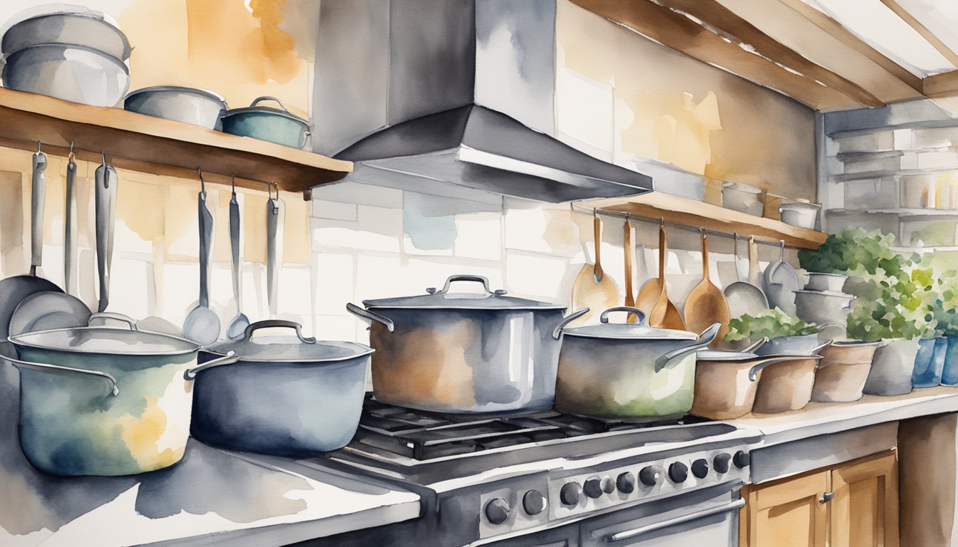 Gordon Ramsay's iconic chef's hat and apron hang on a hook, surrounded by gleaming pots and pans in a bustling kitchen