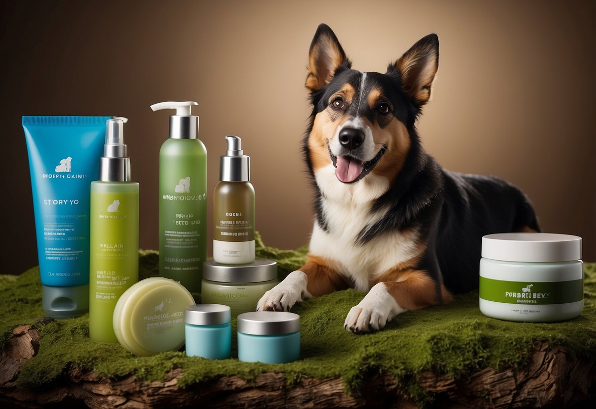 A dog happily surrounded by eco-friendly grooming products, with natural ingredients and earth-friendly packaging