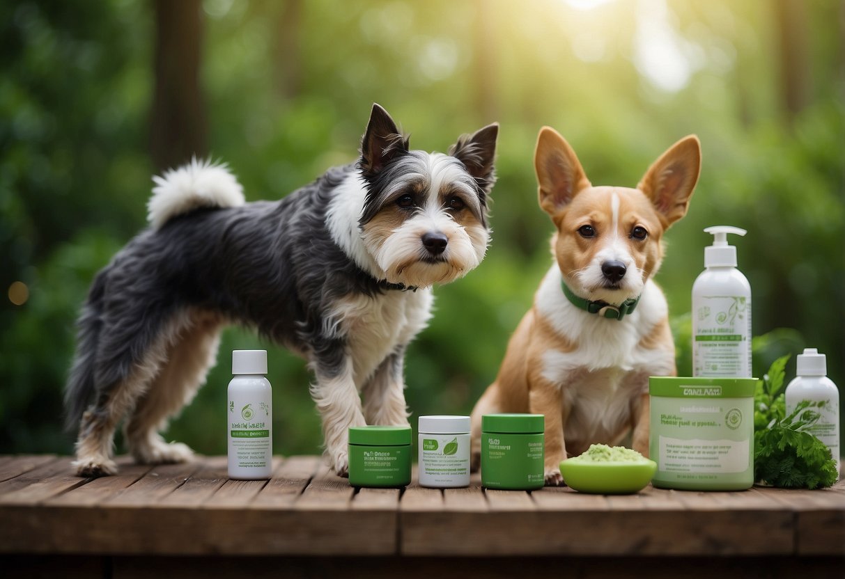 A dog being groomed with chemical-laden products in a polluted environment vs. a dog being groomed with natural, eco-friendly products in a clean, green setting