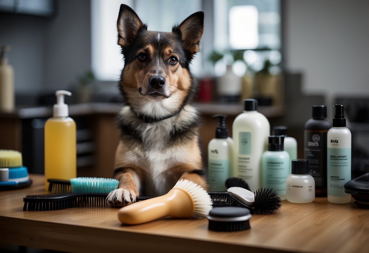 A dog stands on a grooming table. A pile of plastic grooming tools sits next to a bottle of chemical shampoo. In contrast, a natural bristle brush and organic shampoo are displayed on the other side