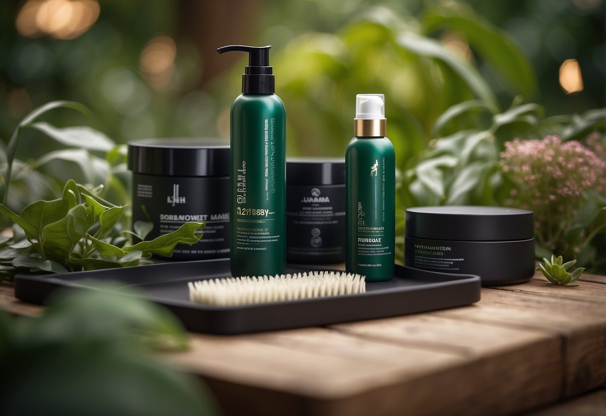 A dog grooming product package stands out among non-eco-friendly options, surrounded by natural elements like leaves and flowers, showcasing its positive impact on the environment