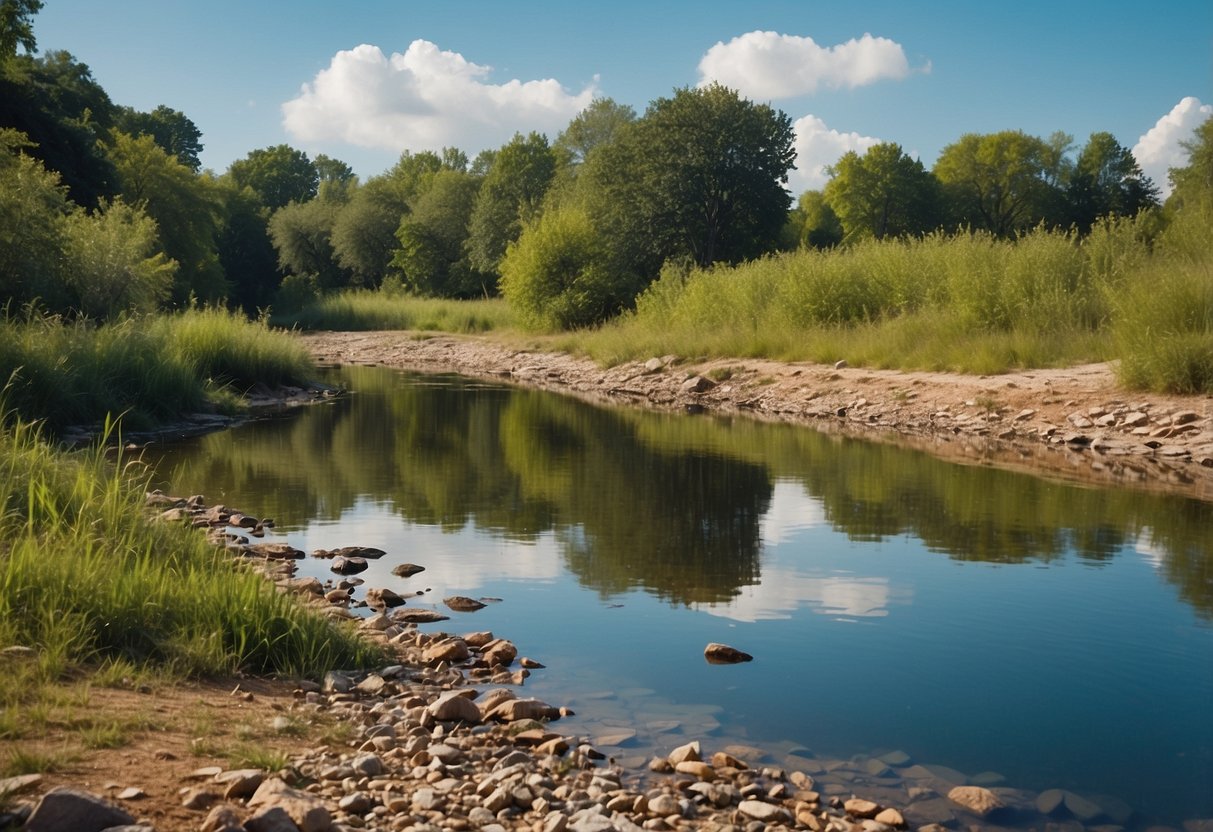 A polluted river with conventional grooming products vs. a clean river with eco-friendly options. Wildlife thrives in the clean water