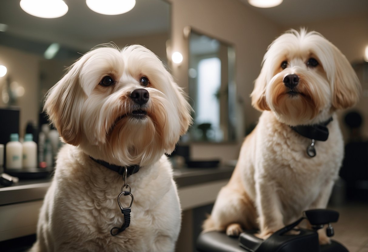 A dog being groomed in a conventional salon with chemical products vs. a dog being groomed in an eco-friendly salon with natural products