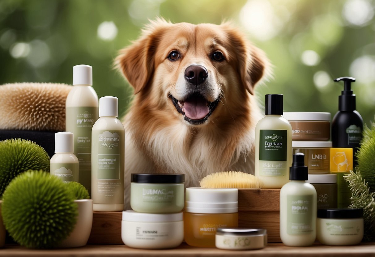 Dogs surrounded by eco-friendly grooming products, happy and clean. Eco-friendly packaging and natural ingredients displayed prominently