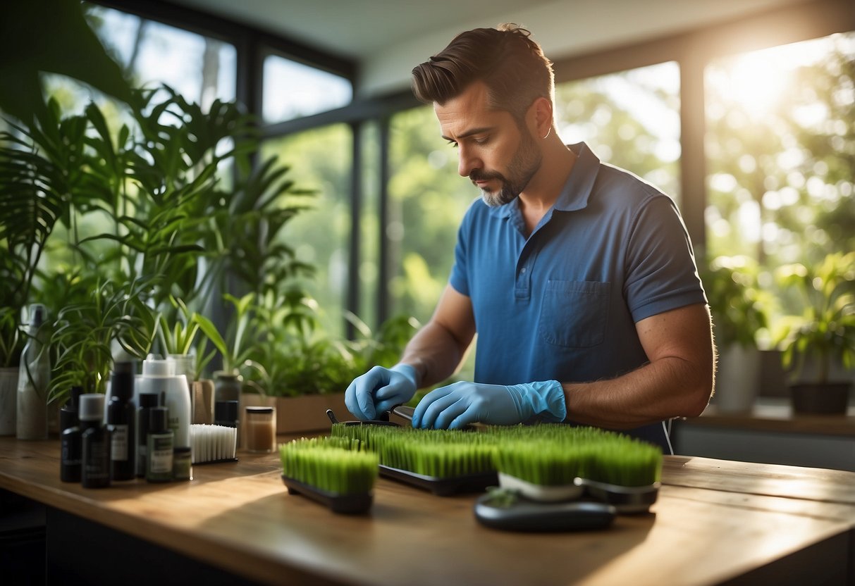 A groomer using eco-friendly products and tools, surrounded by greenery and natural light, with recyclable packaging and energy-efficient equipment