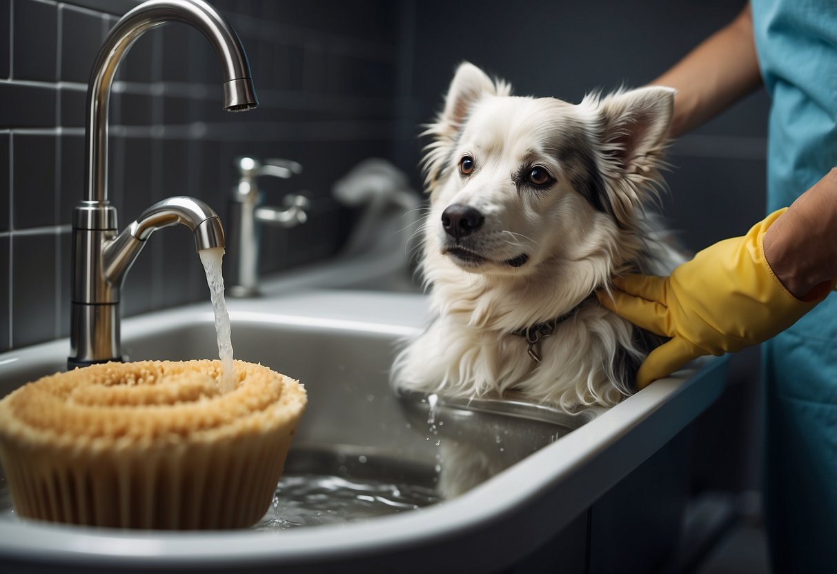 A dog being groomed with conventional products while harmful chemicals are being washed down the drain, contrasted with a dog being groomed with eco-friendly options in a sustainable and environmentally conscious setting