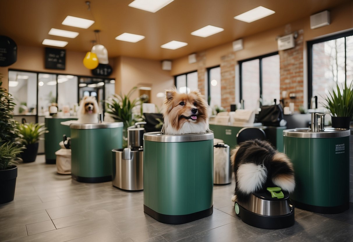 A bustling dog grooming salon with eco-friendly products and happy, clean dogs. Recycling bins and natural cleaning supplies visible