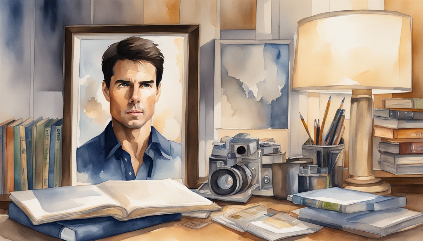 Tom Cruise's biography, with books and film reels scattered around a desk, a spotlight shining on a framed portrait of the actor