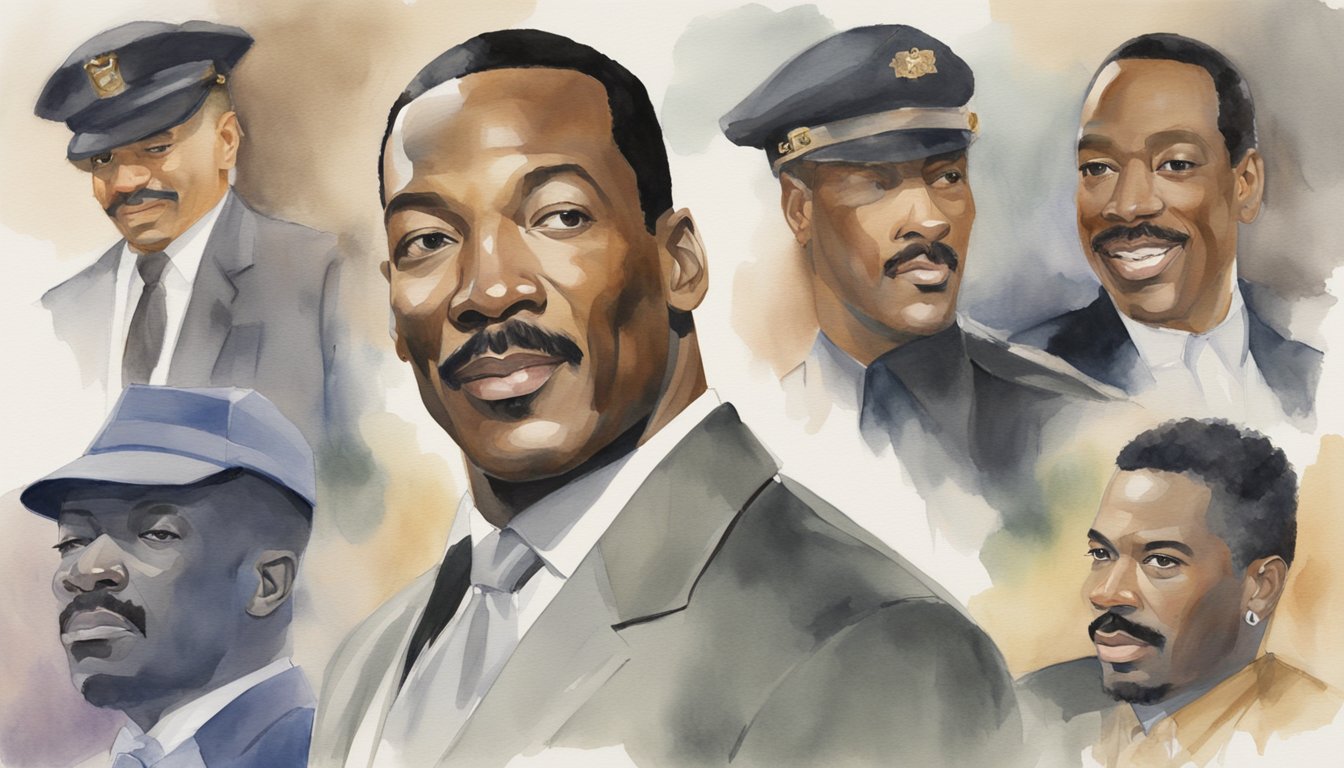 Eddie Murphy's life depicted through a timeline of events and achievements, with a spotlight on his career milestones and personal growth