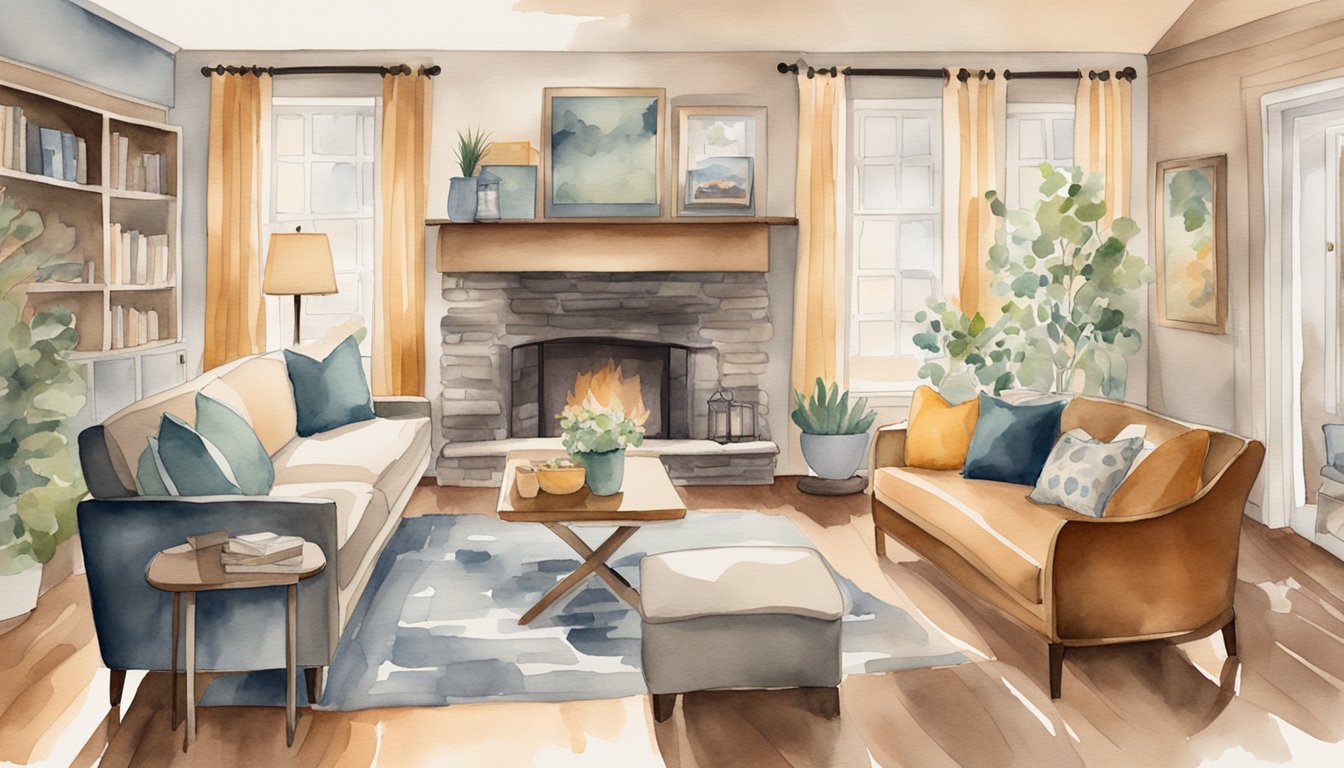 A cozy living room with family photos on the walls, a fireplace, and comfortable furniture.</p><p>A warm, inviting atmosphere that reflects love and connection