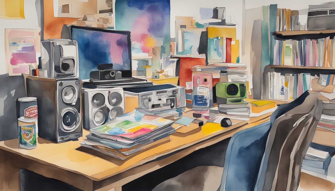 A cluttered studio with colorful pop art, Campbell's soup cans, and a Polaroid camera on a cluttered desk.</p><p>A velvet underground record plays in the background