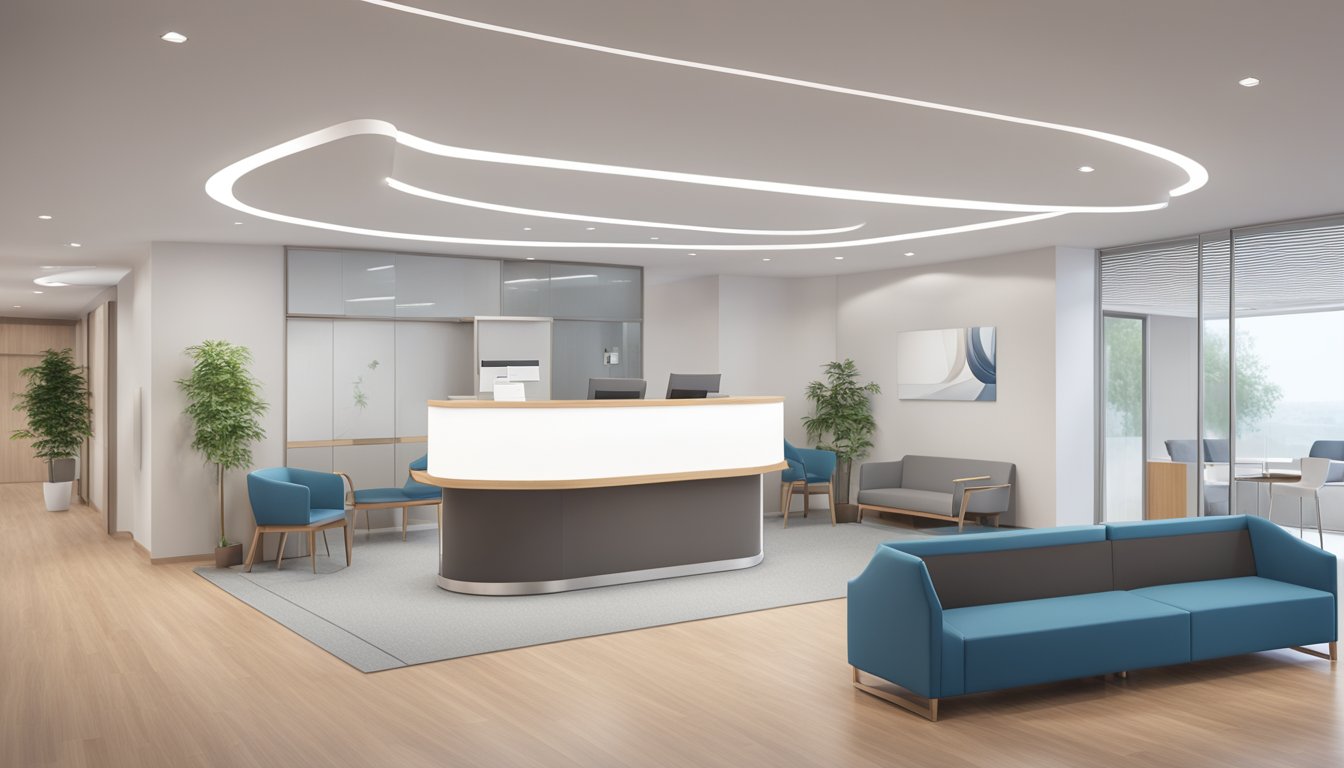 A modern cardiology clinic with sleek signage and a professional atmosphere, waiting area and reception desk